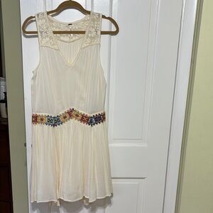 Cream Sleeveless Dress with Embroidered Waist